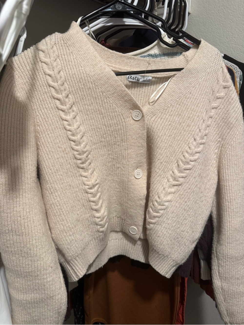 Cream Cable-Knit V-Neck Button Cardigan Sweater